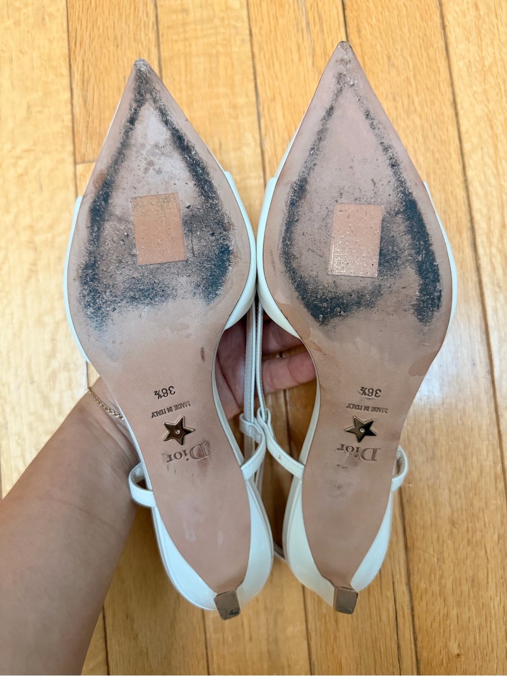 Dior Ivory Pointed Slingback Pumps with Gold Logo - Picture 9 of 9